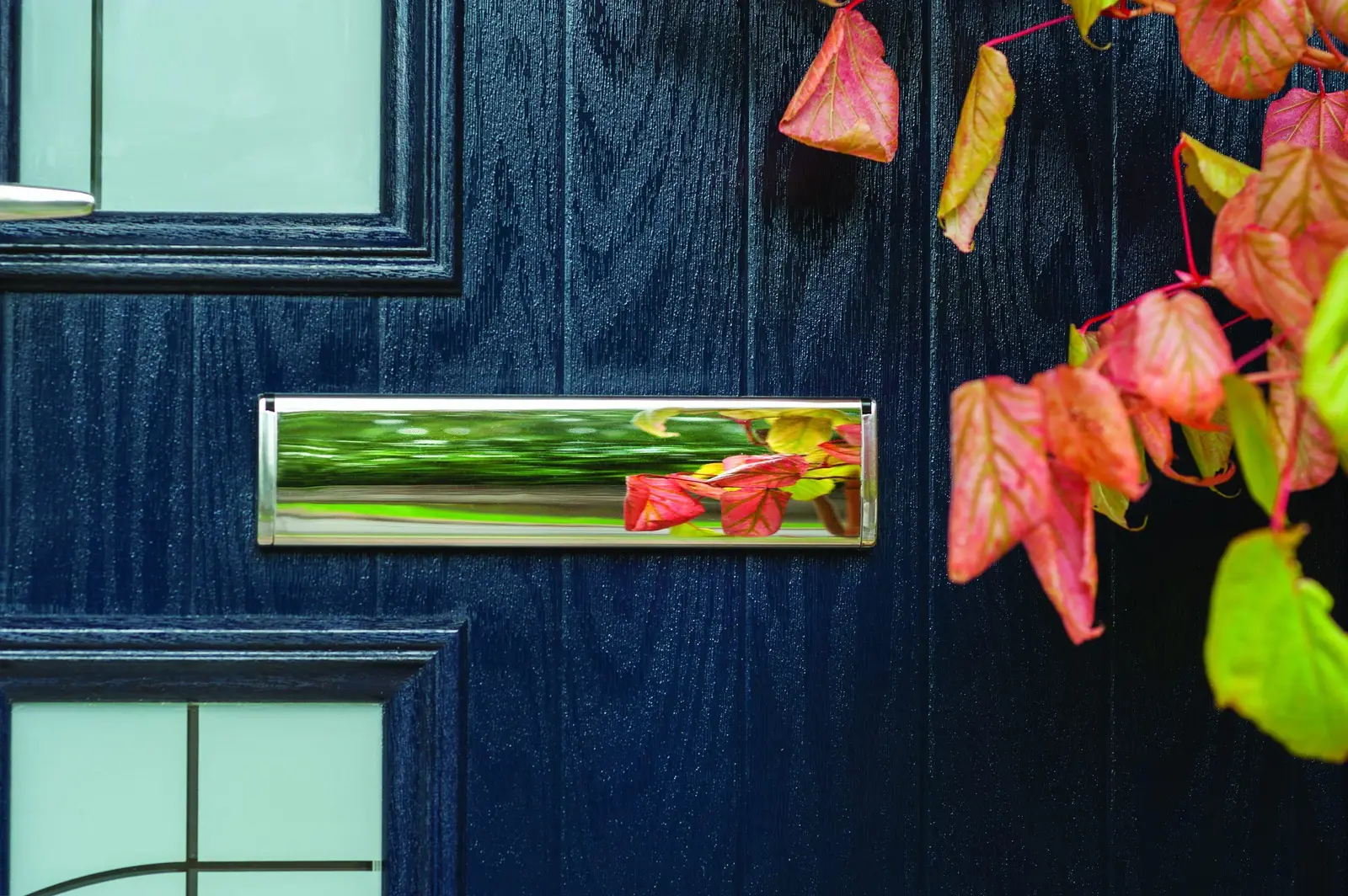 Chrome letterplate on a navy blue composite door framed by autumn leaves